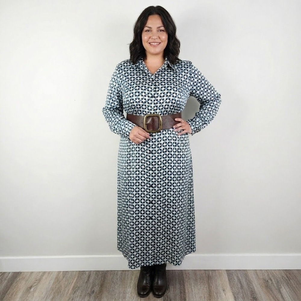 H&M Shirt Dress Womens Medium Blue Geometric Satin Maxi Long Sleeve Mod Retro